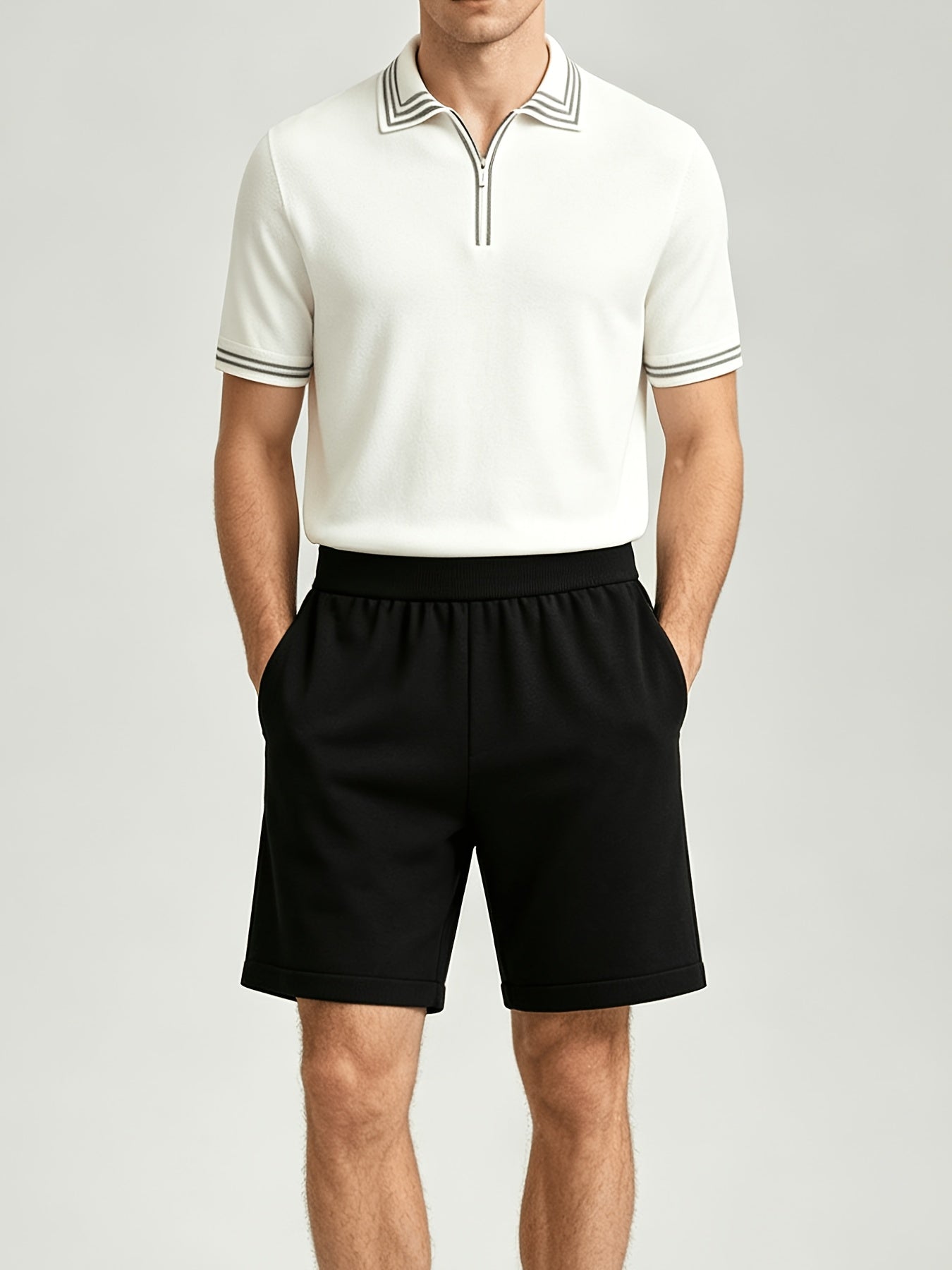Men's Casual Striped Knit Polo & Lightweight Shorts Set