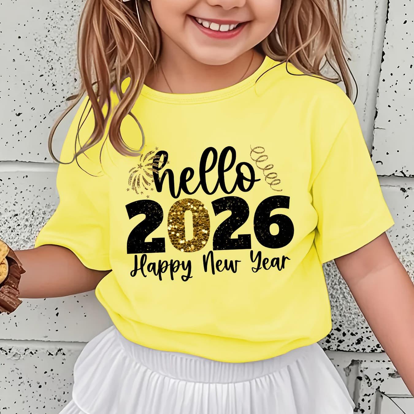 Girls' 2026 New Year T-Shirt - Hello 2026 Happy New Year Graphic Tee with Golden Number 2026, Heart, & Golden Lettering - Lightweight Summer Top for Birthday Party, Girls Clothes