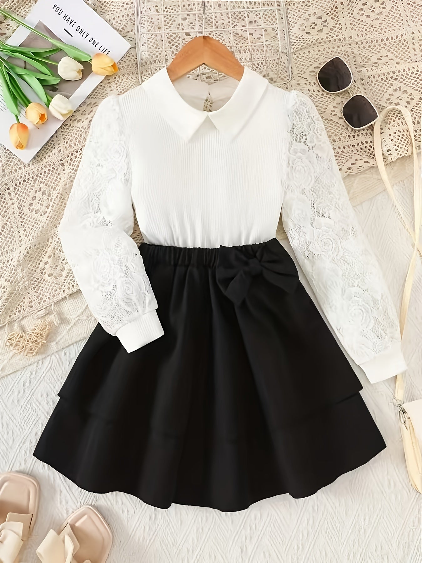 Girls' Elegant White Lace Lapel Top & Black Bow Skirt Set