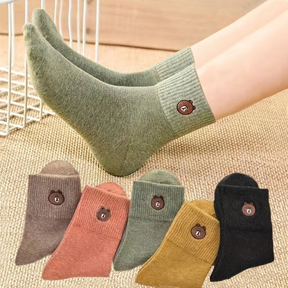5 pairs of four-season cute bear solid color socks