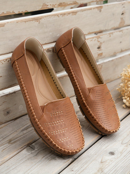 Women's Retro Perforated Flat Shoes, Comfy Breathable Round Toe Slip On Shoes, Casual Outdoor Loafers