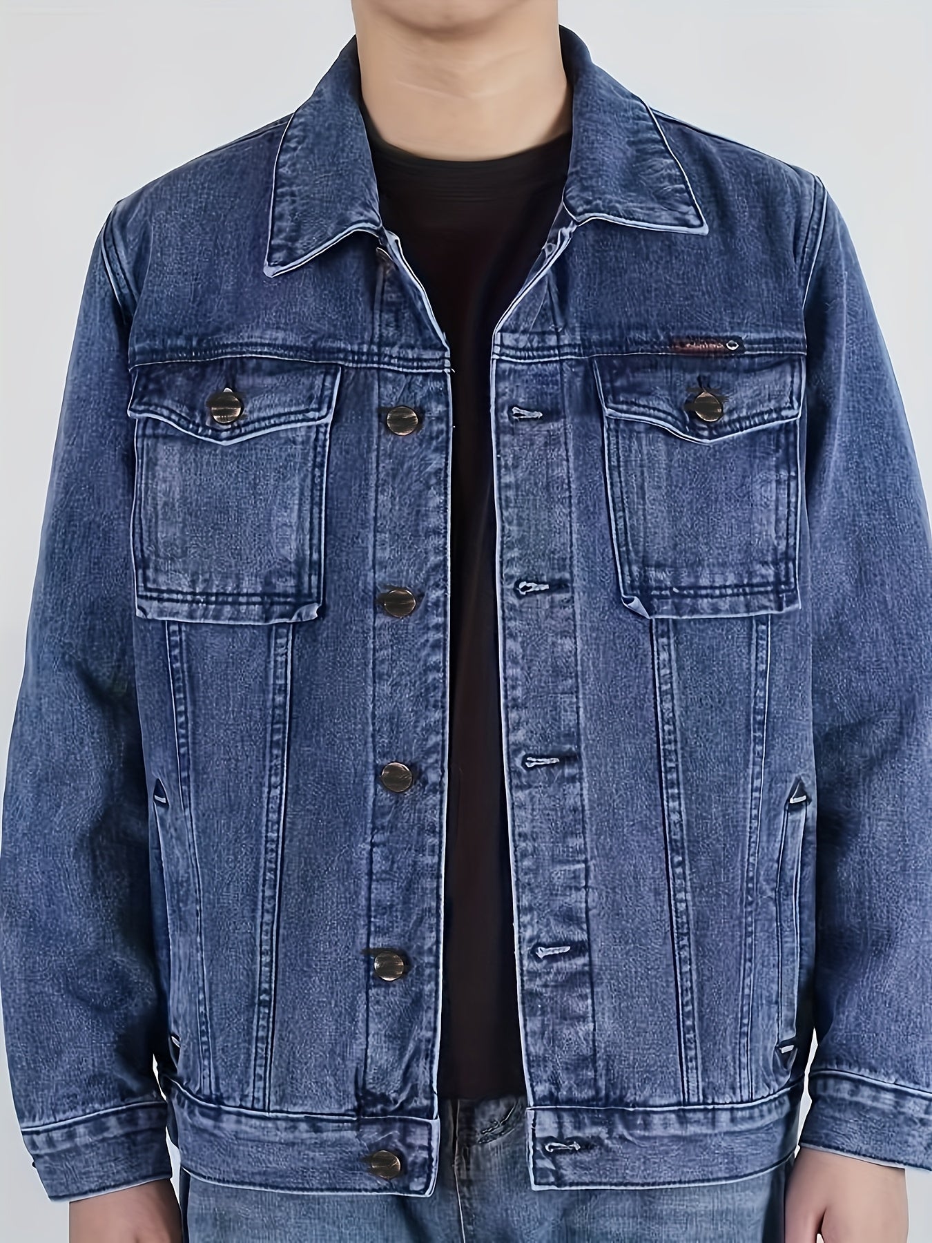 Men's Spring/Autumn Denim Jacket - Casual Chic Style, Black Blend with Red Accents, Button-Up with Flap Pockets, Long Sleeves, Ideal for Hiking & Casual Attire, Outdoor Apparel|Classic Denim Style|Durable Fabric