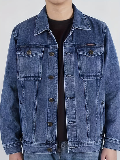 Men's Spring/Autumn Denim Jacket - Casual Chic Style, Black Blend with Red Accents, Button-Up with Flap Pockets, Long Sleeves, Ideal for Hiking & Casual Attire, Outdoor Apparel|Classic Denim Style|Durable Fabric