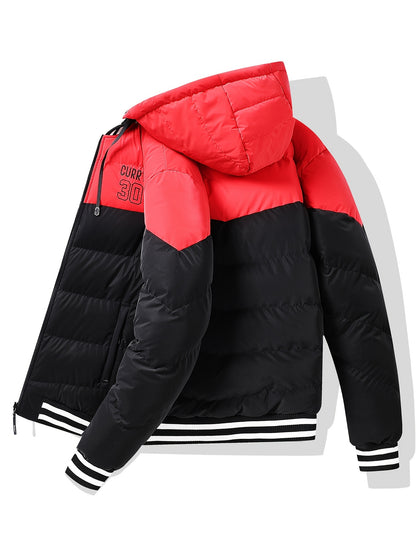 Men's Modern Streetwear Hooded Jacket with Embroidered Lettering, Color-Block Design, Removable Hood & Polyester Fill - Machine Washable Long Sleeve Coat with Pockets for Fall Winter Casual Wear