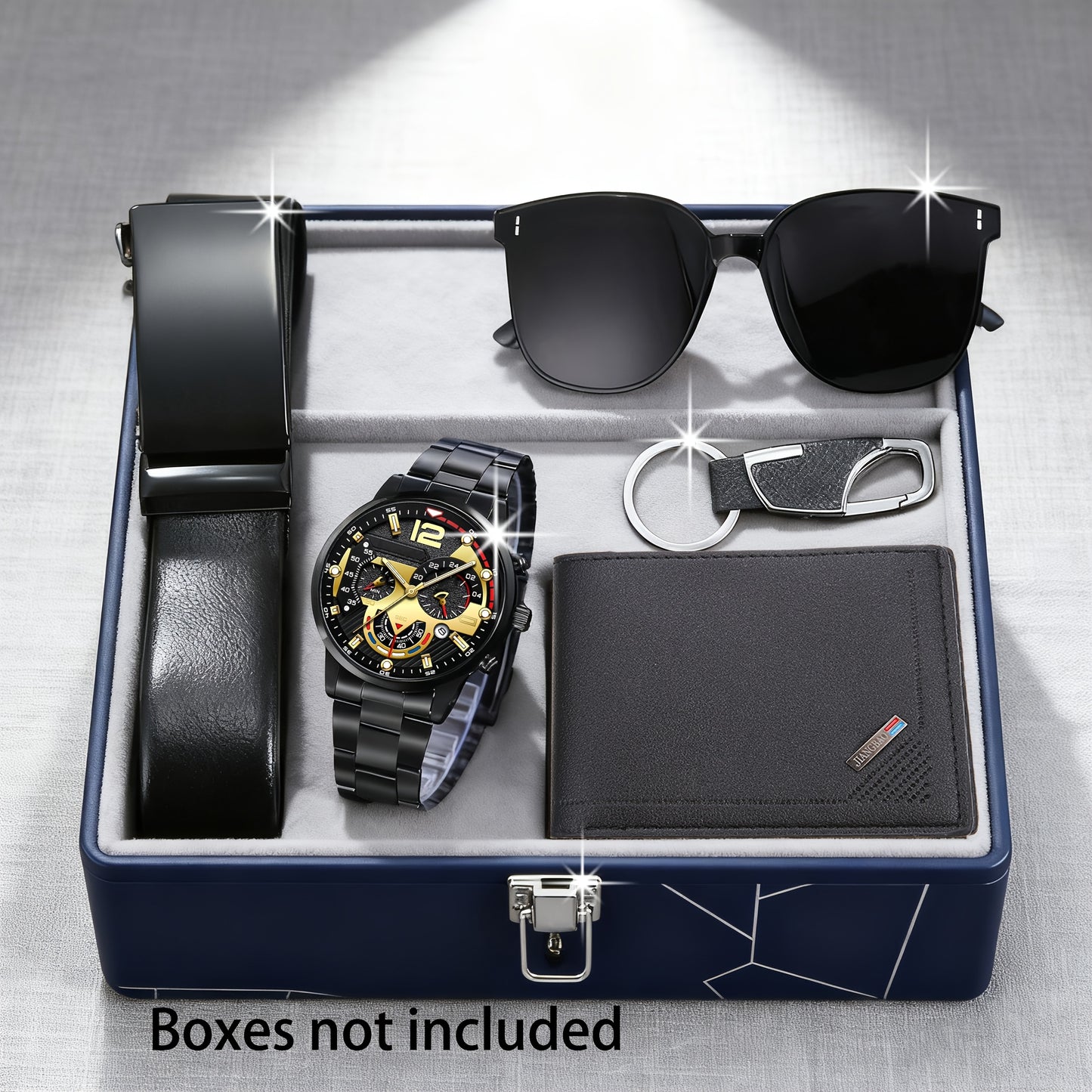 5pcs Men's Business Bundle: Quartz Watch with Belt, Wallet, Glasses & Keychain - Complete Suit for Professional, Ideal Gift for Christmas/Graduation - Matching Outfit for Work & Formal Events (-)