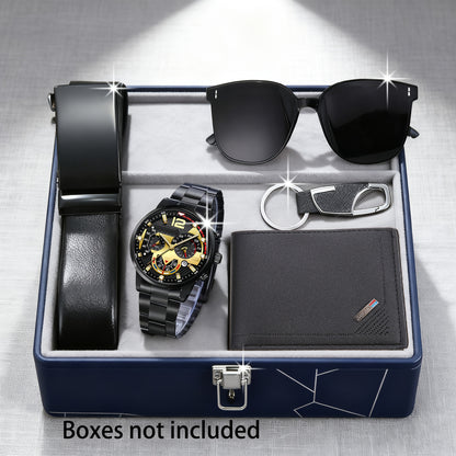 5pcs Men's Business Bundle: Quartz Watch with Belt, Wallet, Glasses & Keychain - Complete Suit for Professional, Ideal Gift for Christmas/Graduation - Matching Outfit for Work & Formal Events (-)
