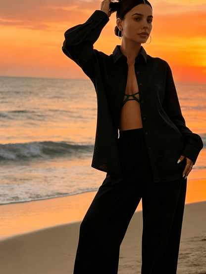 Elegant Solid Color Vacation Set: Loose Long-Sleeve Shirt & Wide-Leg P