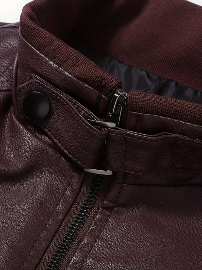 Men's Stylish Burgundy Jacket - Fall/Winter Trendy Stand Collar Biker Jacket with Multiple Zippered Pockets, Casual Design for Casual Attire, Fall Jacket | Modern Casual Jacket | Glossy Finish Jacket - ayq