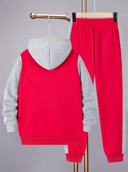 2pcs Boys' Casual Sportswear Set, Fashion Basketball Print Fleece-Lined Zip-Up Hoodie + Pants for Autumn and Winter, Suitable for Daily Wear and Outdoor Activities, Perfect for Outdoor