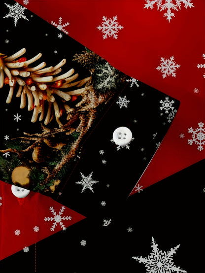 Men's Christmas Party Shirt with Red & Black Snowflake Pine Tree Print - Golden Button-Front Long Sleeve Dress Shirt, Stand Collar Casual Blazer-like Top for Holiday Events, Winter Celebrations & Xmas Gatherings (Machine Wash