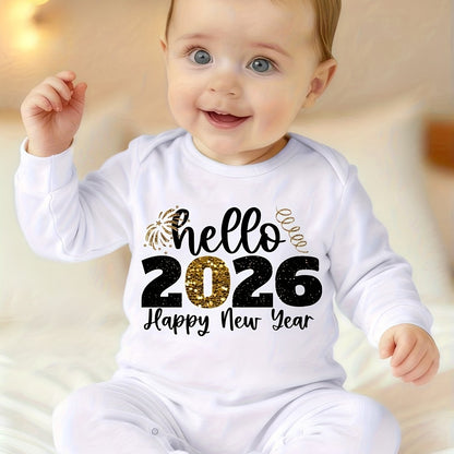 Hello 2026 Happy New Year Alphabet Print Newborn Baby Bodysuit | All-season, Footed, Casual Style, Suitable for Baby Boy, for Outdoor