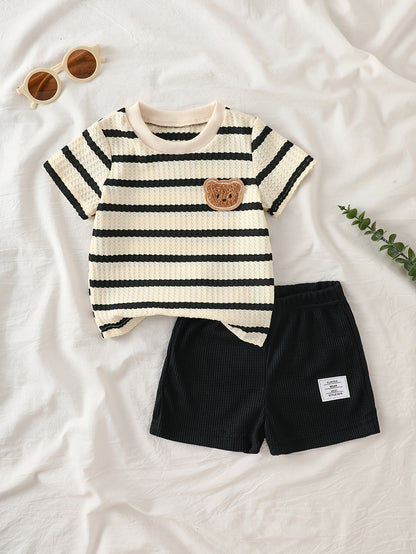Baby Summer Striped Red White Set with Bear Plush Shorts