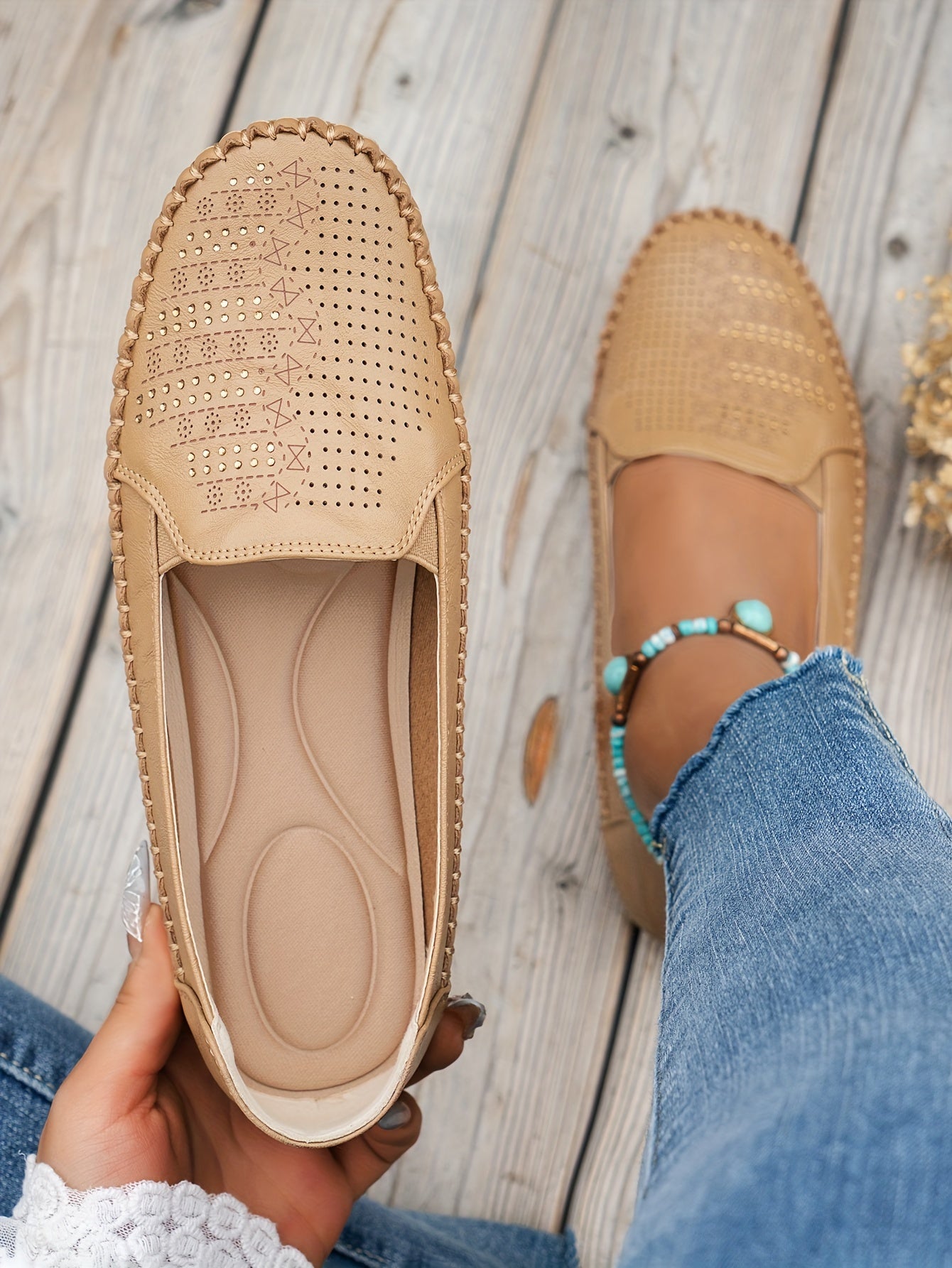 Women's Retro Perforated Flat Shoes, Comfy Breathable Round Toe Slip On Shoes, Casual Outdoor Loafers