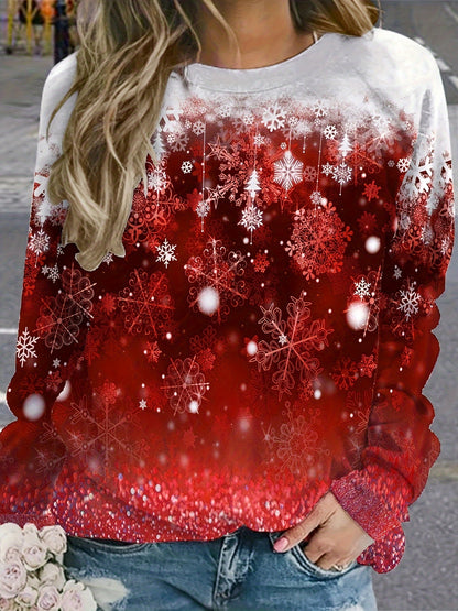 Snowflakes Print Pullover Sweatshirt, Casual Long Sleeve Crew Neck Sweatshirt For Fall & Winter, Women's Clothing