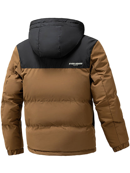 Men's Winter Jacket 100% Polyester Windproof Thermal Insulated Hooded with Detachable Hood, College Style Letter Pattern Zipper Front, Regular Fit for Skiing Outdoor Activities & Daily Wear