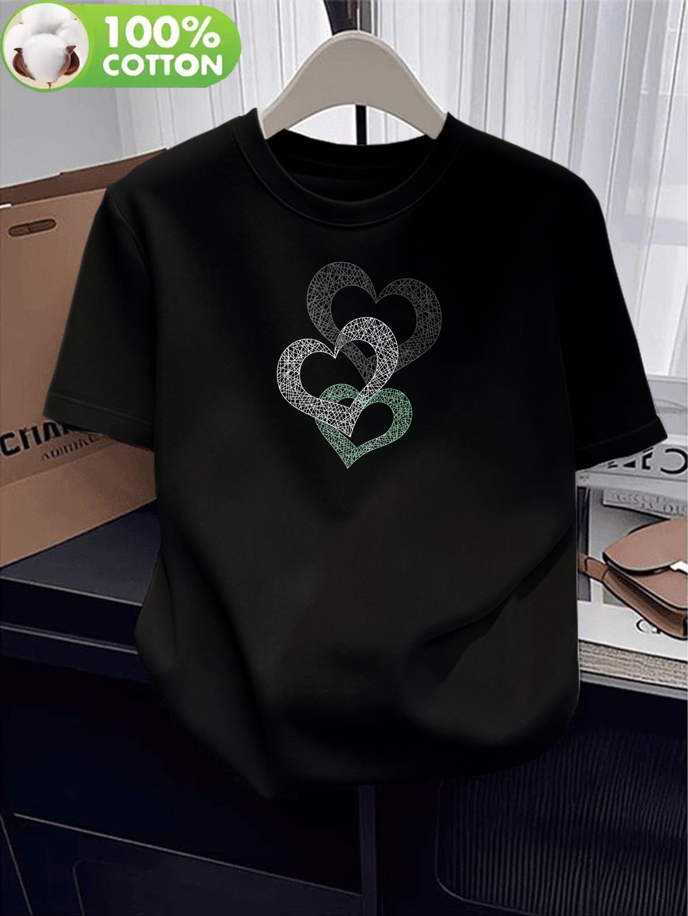 Women’s Cotton Crew Neck T-Shirt with Heart Applique, Casual Fit