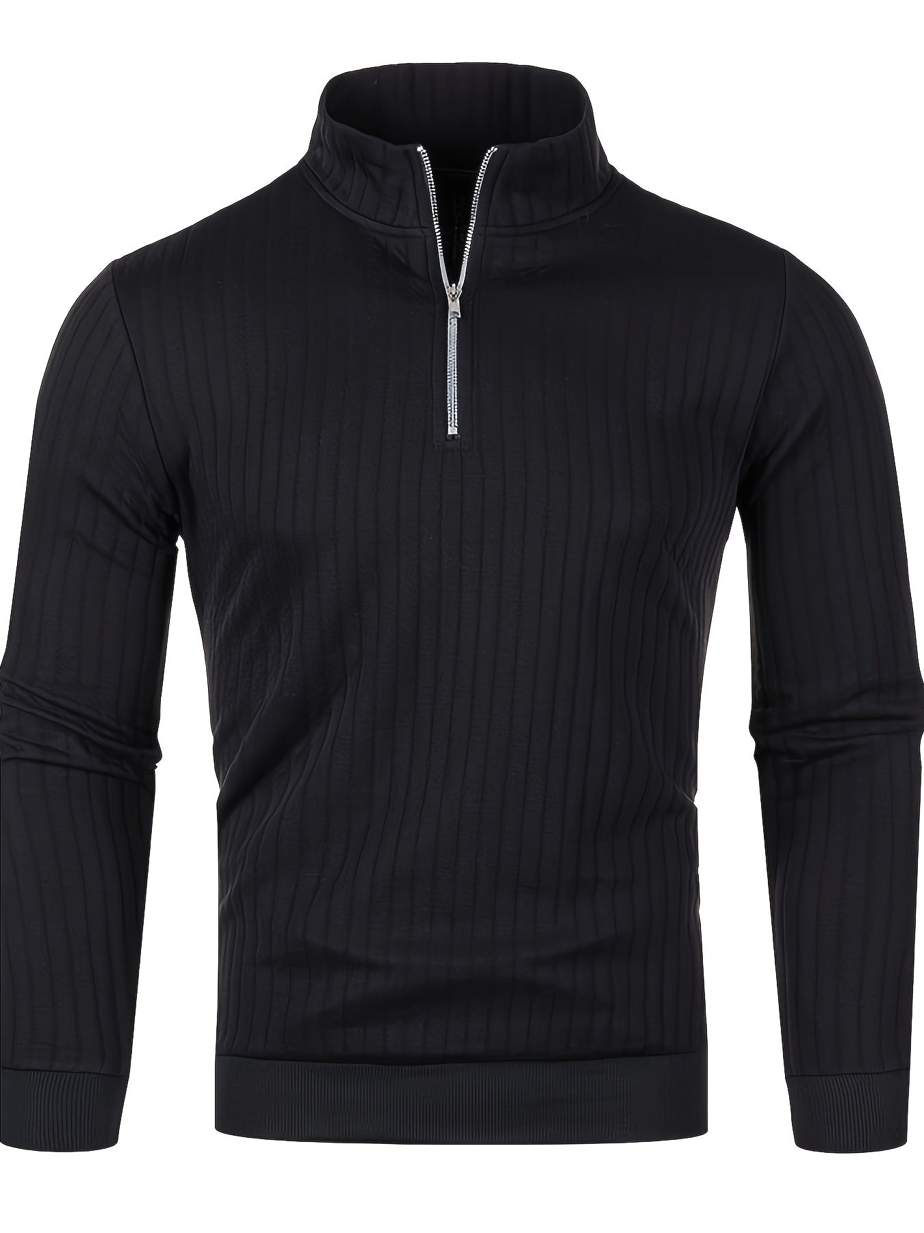 Men'S Casual Polyester Sweater, Solid Color, High Neck Quarter Zip, Long-Sleeved Pullover, Regular Fit, 100% Polyester Knit Fabric, 230g/m² - Fall/Winter Essential