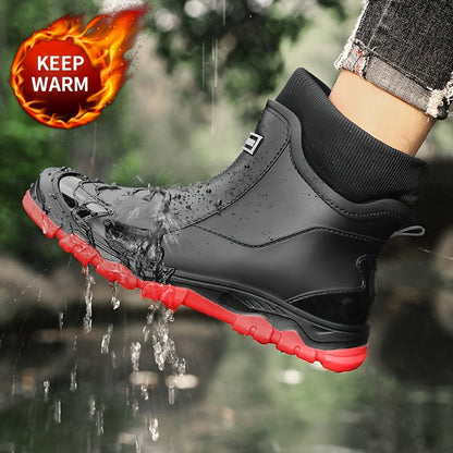 Men's Winter Plush-Lined Short Slip-On Rain Boots, Warm & Durable
