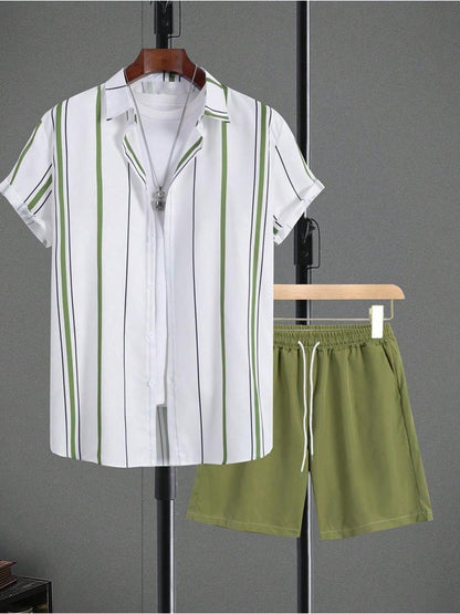 Men's Casual Summer Set - Striped Short-Sleeve Shirt & Shorts