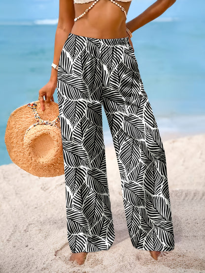 Vintage Black & White Tropical Wide-Leg Summer Pants