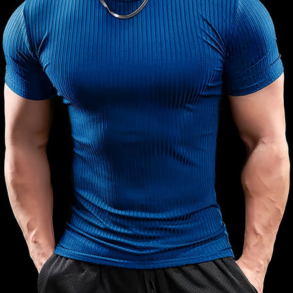 Men's Stretch Fit Short Sleeve T-Shirt - Breathable, Comfortable Polyester Blend, Solid Blue, Crew Neck, Casual  Sporty Style for Spring/Summer