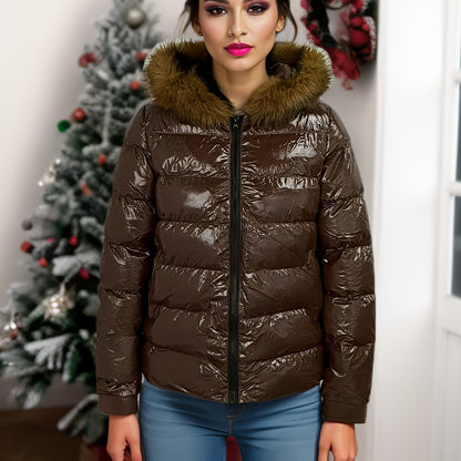 Women'S Winter Hooded Coat - Lightweight Warm Loose Fit Jacket with Full-Zip Closure, Elegant Brown Outerwear for Cold Weather, Office, Dates & Everyday - Non-Stretch Fabric Construction, Ladies Winter Coats, Date Night Wear,