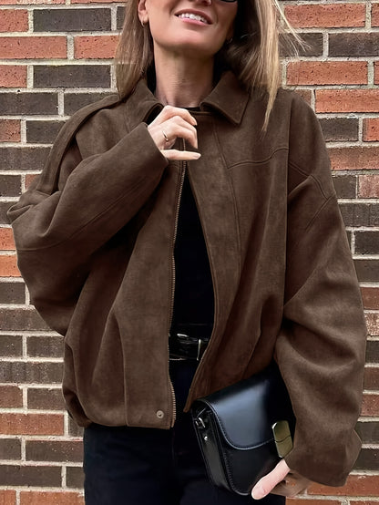 Կանացի վինտաժային բոմբեր բաճկոն - ազատ չափի երկար թևքով, կայծակաճարմանդով և իջեցված ուսերով, շագանակագույն առօրյա վերնազգեստ աշուն/ձմեռ համար, չձգվող գործվածք, իդեալական է առօրյա հագուստի համար, աշուն-ձմեռ բաճկոն | Վինտաժային բոմբեր ոճ | Zipp