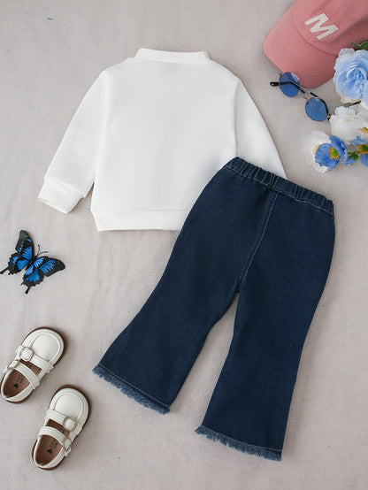 Casual White Embroidered Butterfly Sweatshirt & Flared Denim Jeans for