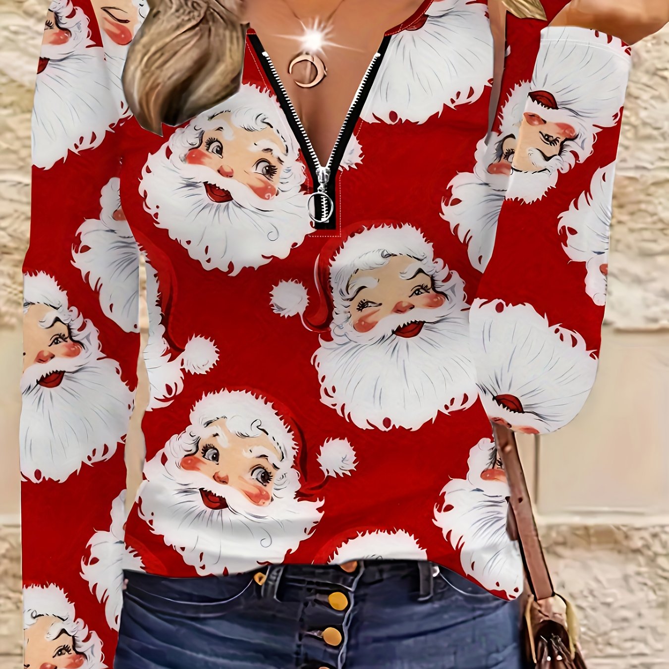 Plus Size, Plus Size Women's Christmas Santa Claus Print Sweater Dress-Like Jacket - Red & Full-Zip Long Sleeve Coat with White Collar, Machine Washable Polyester Holiday Party Outfit for Xmas, Office & Winter Events (Santa F - ayq