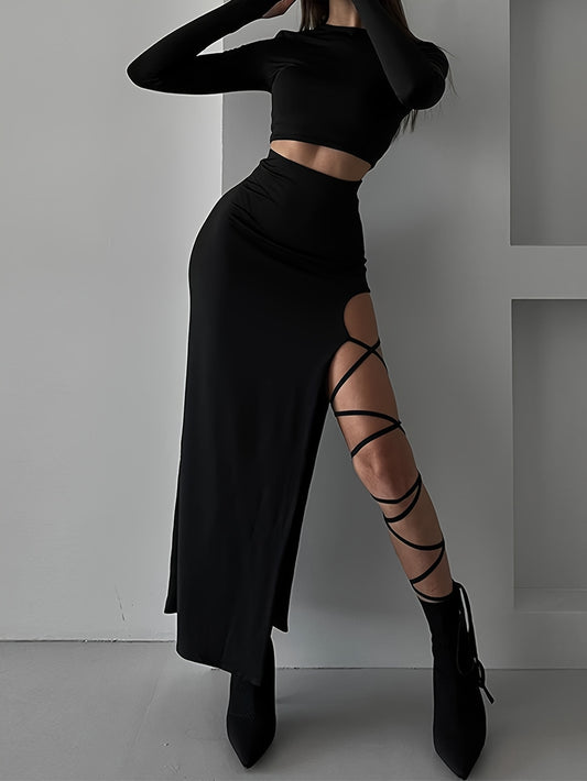 Women's Autumn Solid Long-Sleeve Slim Top & Half Skirt Set