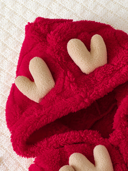 Տղաների և ձմեռային փափուկ գլխարկով կոմբինեզոն - փափուկ, կայծակաճարմանդով, ամբողջ մարմինը՝ ձնառատ, եղջյուրներով, լվացքի մեքենայով լվացվող տաք հագուստ և հարմարավետ կարմիր մանկական հագուստ, իդեալական է բացօթյա օգտագործման համար։