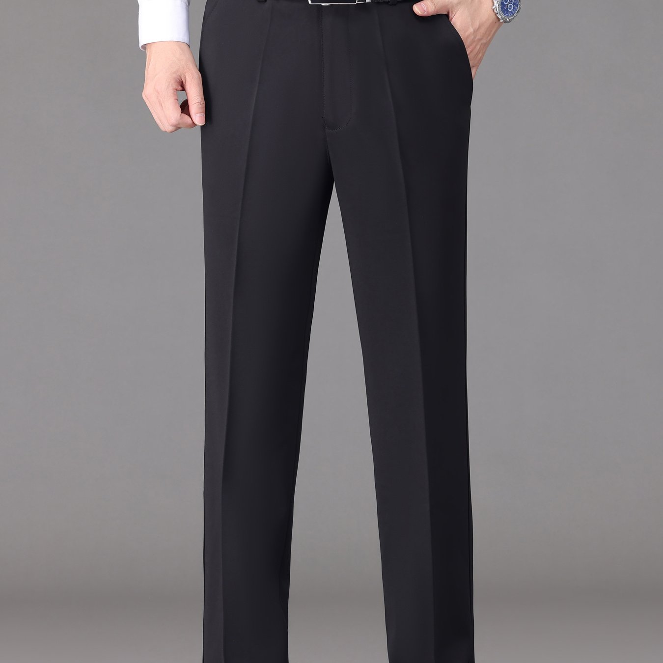 [Lightweight Design] Men's High-Waist Stretch Dress Pants - Wrinkle-Resistant, Dark Blue Business Casual with Pockets, Straight Leg Fit for Spring/Fall