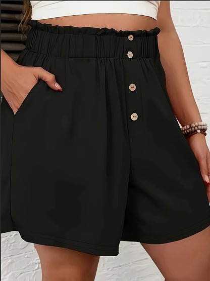 Elegant High-Waist Women's Casual Shorts - Chic Black with Button Detail, Comfy Polyester Blend, Perfect for Summer
