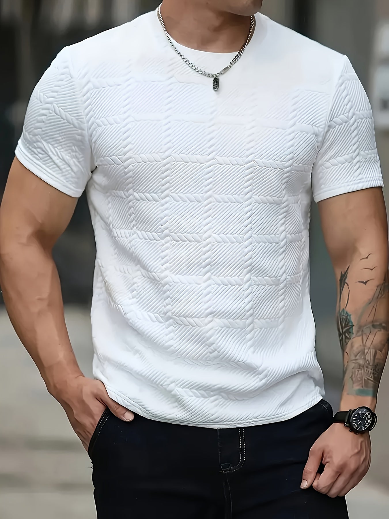 Men'S Casual Jacquard Knit Short-Sleeve T-Shirt - Featuring a Stylish Geometric Pattern, Round Neck, Comfortable for All Seasons, Perfect for Casual Wear - ayq