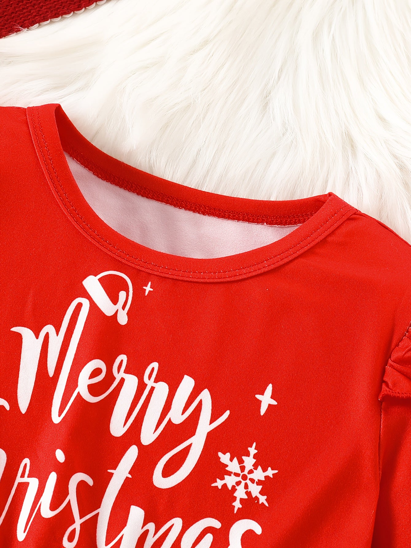 Girls' Christmas Party Dress - Long Sleeve Ruffled Hem Mid-Length Red Dress with Merry Christmas Print, Snowflakes & Santa Hats - Casual Holiday Outfit for Autumn & Winter Festive Celebrations, Durable Construction, Quality S