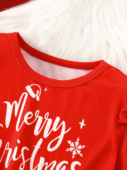 Girls' Christmas Party Dress - Long Sleeve Ruffled Hem Mid-Length Red Dress with Merry Christmas Print, Snowflakes & Santa Hats - Casual Holiday Outfit for Autumn & Winter Festive Celebrations, Durable Construction, Quality S