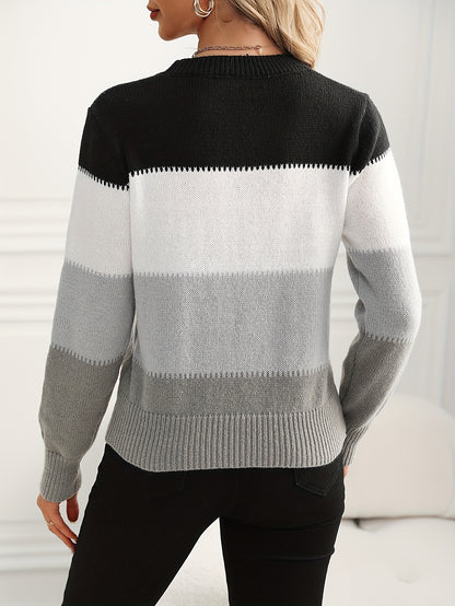 Elegant Color Block Crew պարանոցի սվիտեր կանանց համար - պոլիեսթեր, ոչ ձգվող տրիկոտաժե պուլովեր գարուն/աշուն, էլեգանտ հատուկ նախագծի ոճ, գարուն/աշուն
