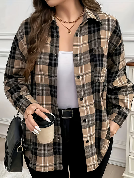 Women's Elegant Plaid Button-Front Long-Sleeve Shirt for Spring/Fall