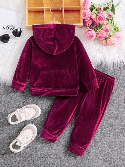 Girls' Long Pants Set, Burgundy Hooded Sweatshirt & Sweatpants, New Autumn Winter Warm Pullover Top, Fabric Two-Piece Set, Princess English Letter Embroidery with Pockets, Festive Holiday Outfit for Baby Girls, Perfect for Ou