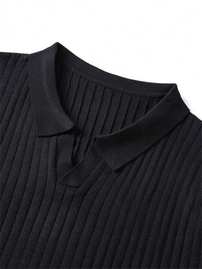 Men's Lapel Short-Sleeve Sweater - Rugged and Handsome Street Style Men's Ribbed Collar Short-Sleeve Top, Made of Breathable and Skin-friendly Special Material. Features a Slim-fit Micro-stretch Design for Unrestricted Moveme - ayq