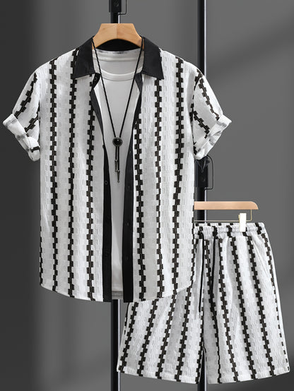 Men's Summer Casual 2-Piece Set with Color Block Shirt & Shorts