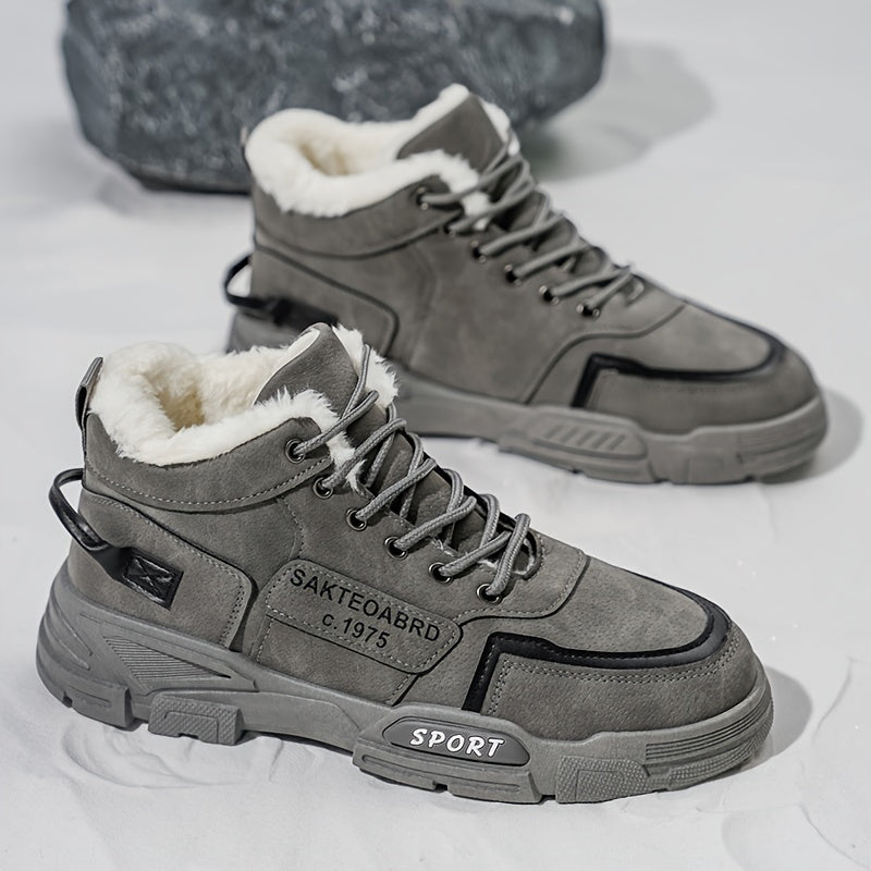 Mid-Top Fleece-Lined Comfortable Warm Gripper Sole Casual Winter Boots for Men and Women, Striped Design. Suitable for Extreme Cold Weather Snowy Conditions with Thick Insulation Lace Closure Anti Slip Durable PVC Outsole Hun