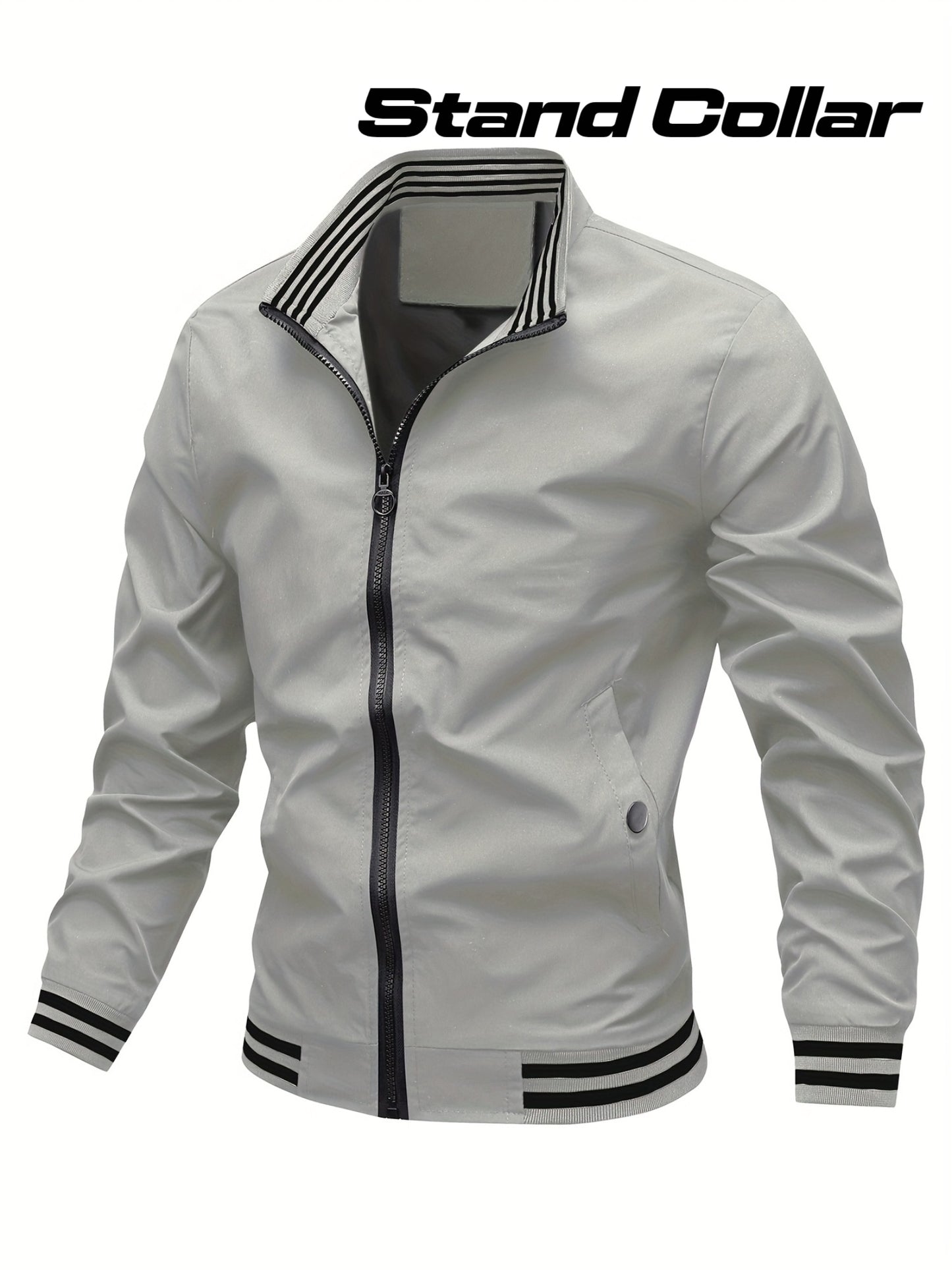 Men's Stand Collar Long Sleeve Zip Up Sports Jacket With Contrast Trim Design, Men's Spring Fall Outwear, As Gifts