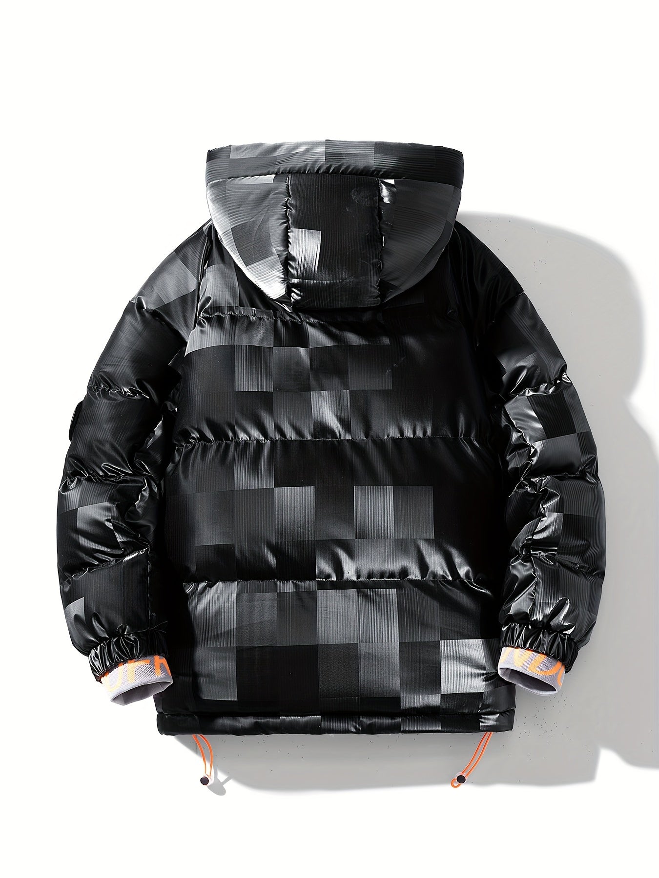 Men's Checkered Graphic Print Padded Outwear With Pockets, Casual Zip Up Long Sleeve Warm Hooded Outwear For Winter Outdoor Activities