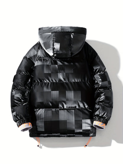 Men's Checkered Graphic Print Padded Outwear With Pockets, Casual Zip Up Long Sleeve Warm Hooded Outwear For Winter Outdoor Activities
