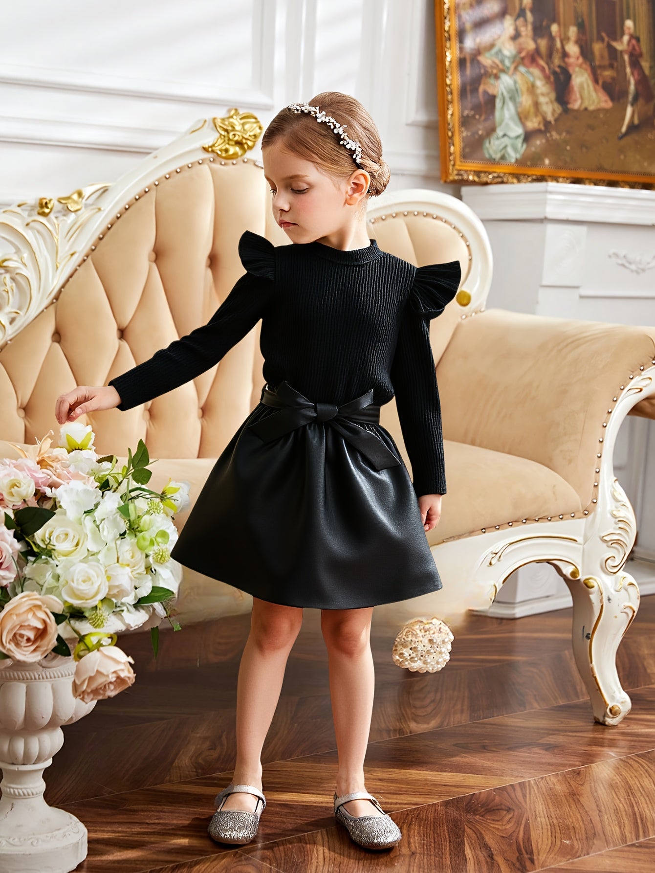 Girls' Black Ribbed Long Sleeve Top & Bow Accent Skirt Set