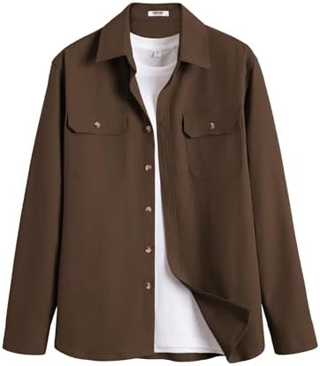 Men's Long Sleeve Button-Up Shirt Jacket with Flap Pockets