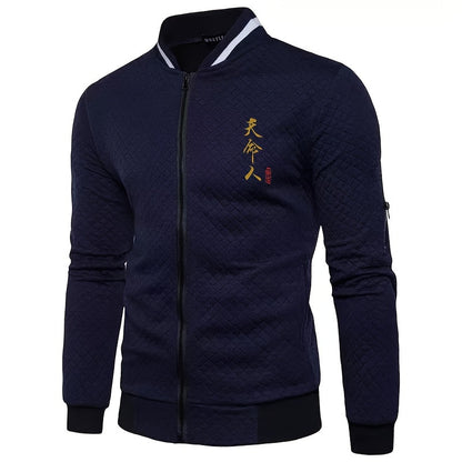 [Lightweight Design] Men's Navy Blue Varsity Jacket with Golden Embroidery - Casual Zip-Up Baseball Coat for Fall/Winter, Quilted Polyester Fabric, Loose Fit, Machine Washable