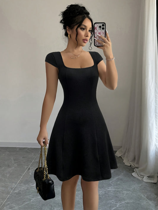 Elegant Square Neck A-Line Dress with Puff Sleeves - Stretchy, Solid Color, Chic Design for Everyday & Work Wear
