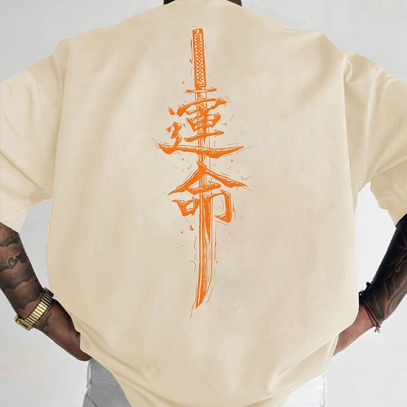 Men'S Japanese Samurai Sword Graphic T-Shirt - Casual Loose Fit Crew Neck, Short Sleeve Tee with Red Stylized Japanese Katanas Design, Breathable Polyester for Spring  Summer Outdoor Wear
